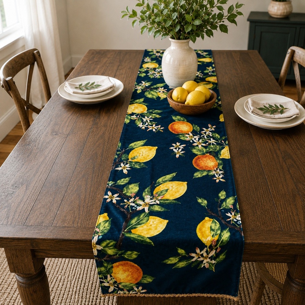 Nicole Miller Home Citrus Fruit‎ Table Runner Lemon Boho Floral Navy Cottagecore